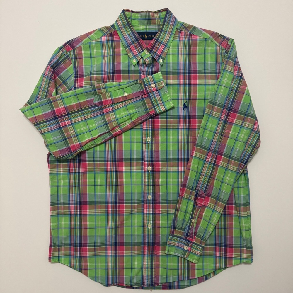 Ralph Lauren Button Down Shirt Mens L Green Plaid Excellent Long Sleeve Pony - Picture 2 of 7